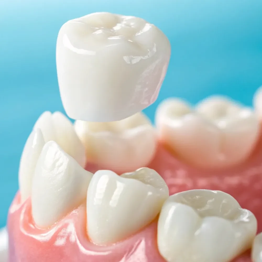 Dental crown placed over a damaged tooth to restore shape and strength