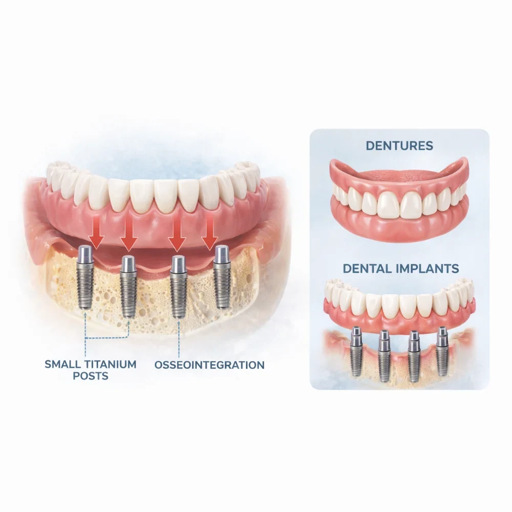 Dental implant post placed in the jawbone supporting a replacement tooth