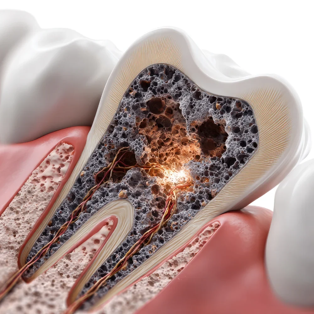 Tooth decay reaching the pulp showing need for dental restoration treatment