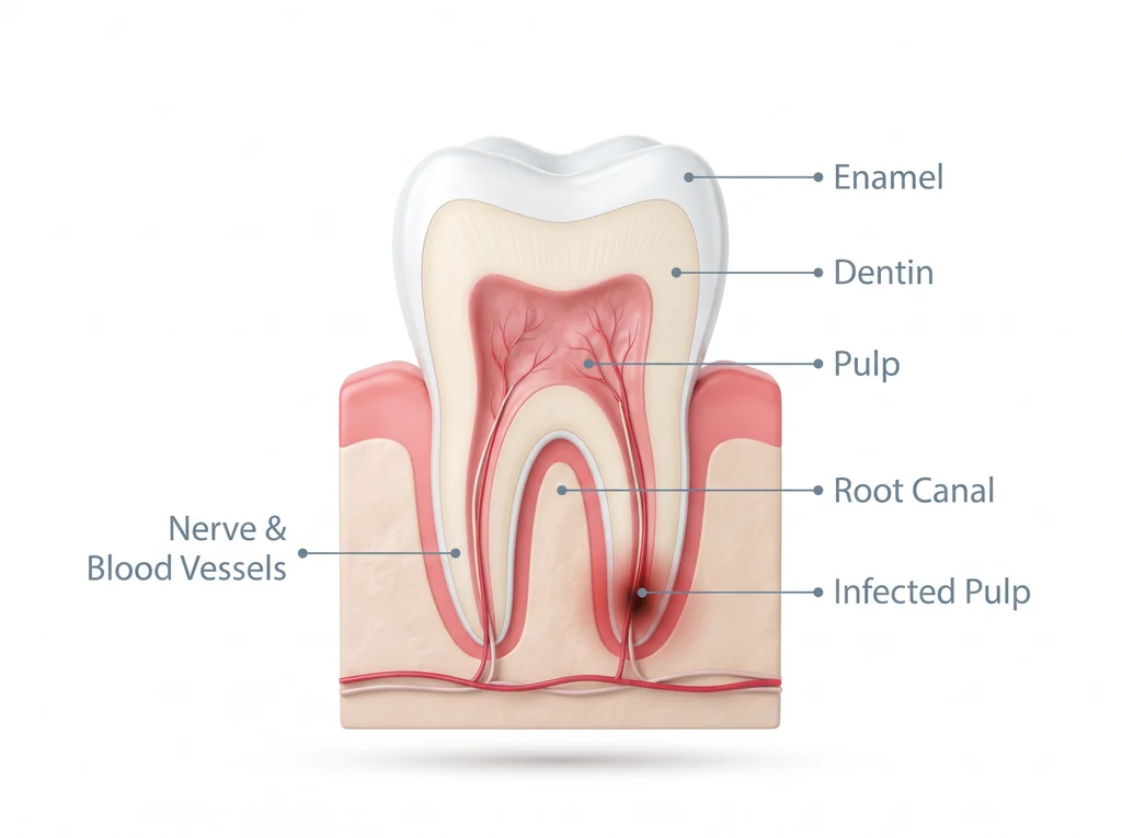 Labeled cross-section of a molar showing the enamel, dentin, pulp, root canal, nerve and blood vessels, and an infected pulp requiring root canal treatment